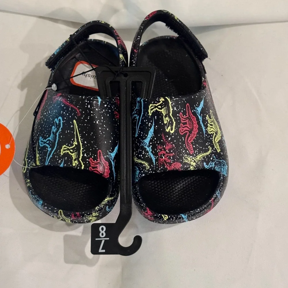 NWT Toddler Dinosaur Sandals Slides Size 7 8 Hook & Latch Back Strap Black T-Rex